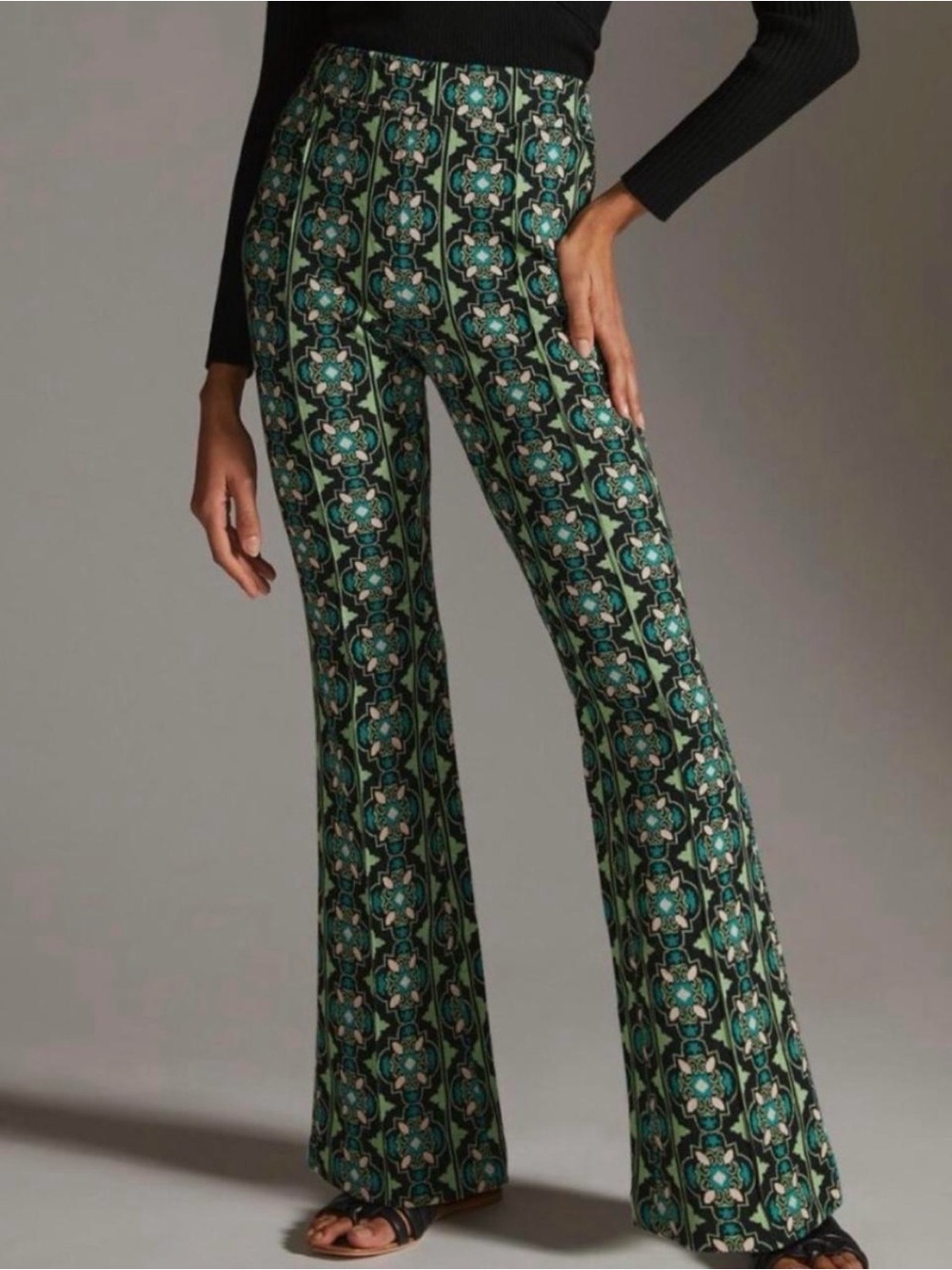 Maeve Anthropology The Sabine Kick Flare Green Pull On Pants Size S